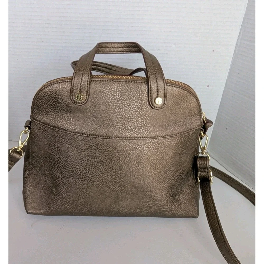 Gianni Bini Purse Satchel Gold Bronze Metall Pockets Zip Closure